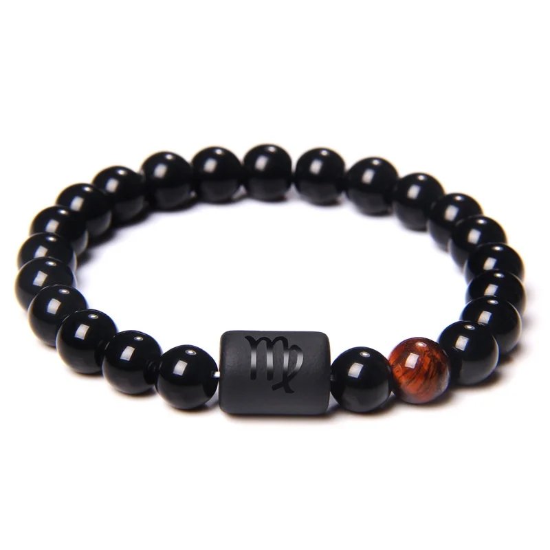 12 Constellation Zodiac Signs Beads Couples Bracelet Natural Black Onyx Stone Elastic Charm Bracelet for Women Men Birthday Gift