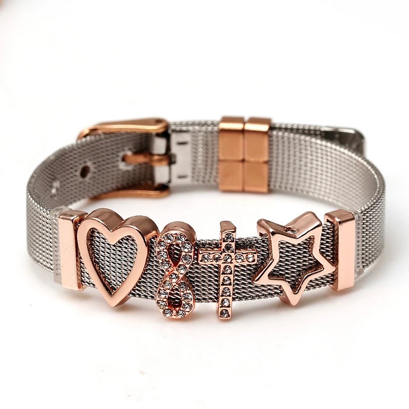 DINGLLY Two-tone Stainless Steel Mesh Bracelets For Women Men Golden Love Heart Beaded 10mm Ribbon Mesh Bracelet & Bangle Gifts