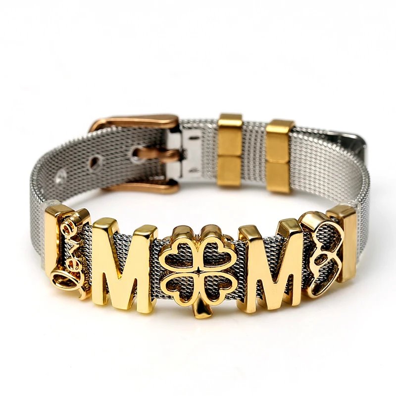 DINGLLY Two-tone Stainless Steel Mesh Bracelets For Women Men Golden Love Heart Beaded 10mm Ribbon Mesh Bracelet & Bangle Gifts