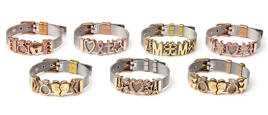 DINGLLY Two-tone Stainless Steel Mesh Bracelets For Women Men Golden Love Heart Beaded 10mm Ribbon Mesh Bracelet & Bangle Gifts