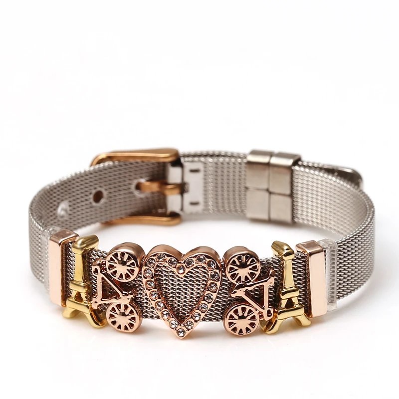 DINGLLY Two-tone Stainless Steel Mesh Bracelets For Women Men Golden Love Heart Beaded 10mm Ribbon Mesh Bracelet & Bangle Gifts