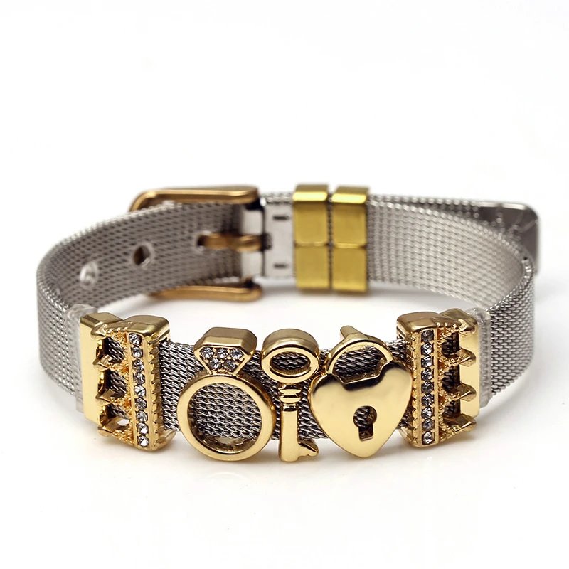 DINGLLY Two-tone Stainless Steel Mesh Bracelets For Women Men Golden Love Heart Beaded 10mm Ribbon Mesh Bracelet & Bangle Gifts