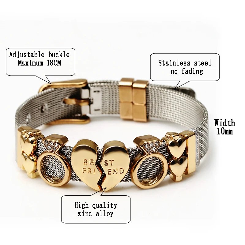 DINGLLY Two-tone Stainless Steel Mesh Bracelets For Women Men Golden Love Heart Beaded 10mm Ribbon Mesh Bracelet & Bangle Gifts