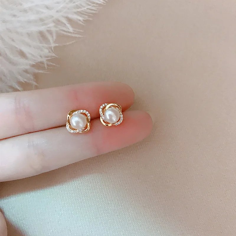 Upscale 14k Gold Jewelry Real Gold Earrings Zircon Pearl Twist Luxury Stud Earrings for Women Brincos Pendientes Bijoux Upscale 14k Gold Jewelry Real Gold Earrings Zircon Pearl Twist Luxury Stud Earrings for Women Brincos Pendientes Bijoux