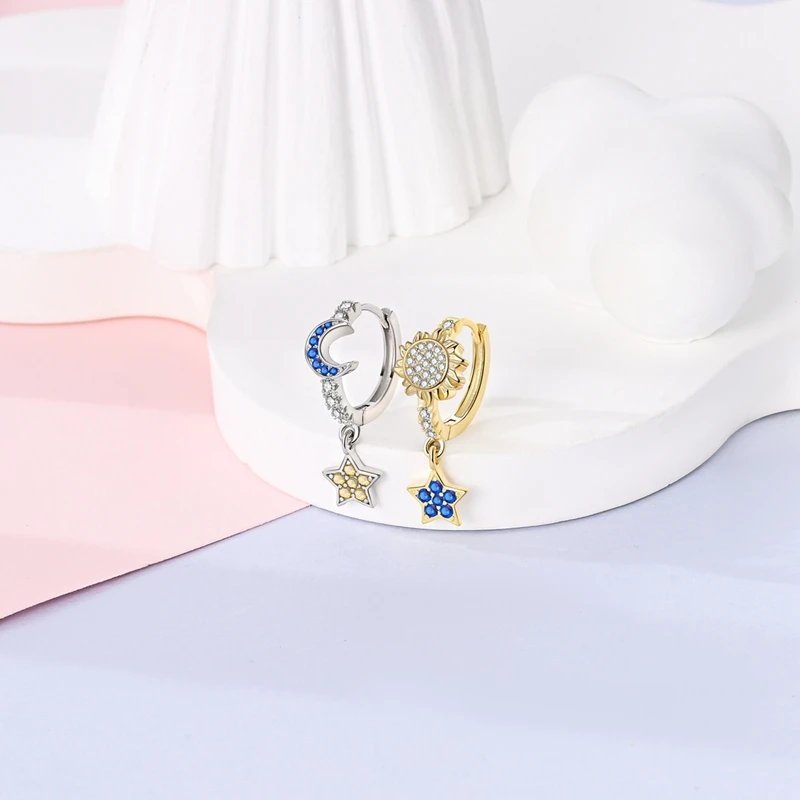 Hoop Earrings 925 Sterling Silver Starry Moon Feather Blue Shiny Zircon Inlaid Drop Earrings Women Fashion Jewelry Gift Hoop Earrings 925 Sterling Silver Starry Moon Feather Blue Shiny Zircon Inlaid Drop Earrings Women Fashion Jewelry Gift