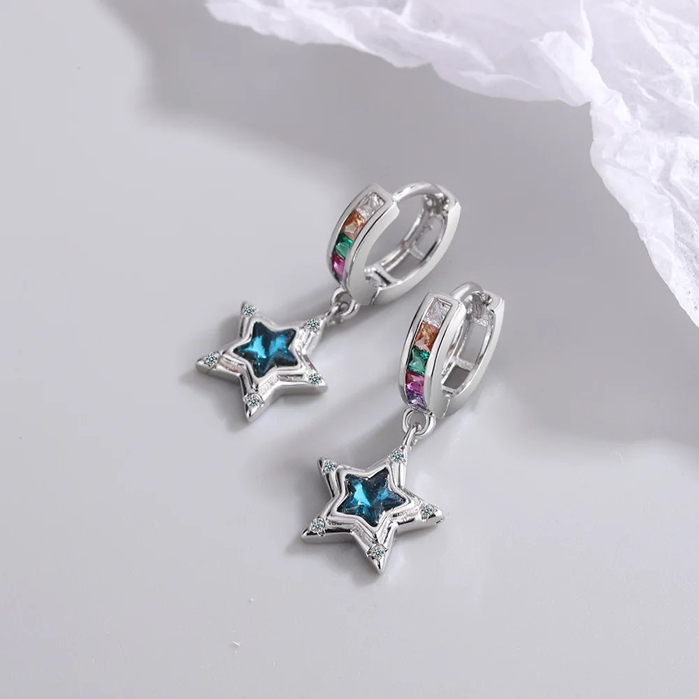 Hoop Earrings 925 Sterling Silver Starry Moon Feather Blue Shiny Zircon Inlaid Drop Earrings Women Fashion Jewelry Gift Hoop Earrings 925 Sterling Silver Starry Moon Feather Blue Shiny Zircon Inlaid Drop Earrings Women Fashion Jewelry Gift