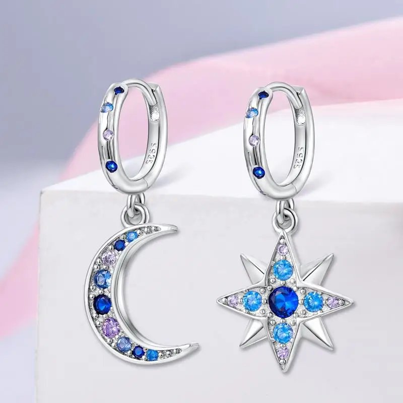 Hoop Earrings 925 Sterling Silver Starry Moon Feather Blue Shiny Zircon Inlaid Drop Earrings Women Fashion Jewelry Gift Hoop Earrings 925 Sterling Silver Starry Moon Feather Blue Shiny Zircon Inlaid Drop Earrings Women Fashion Jewelry Gift