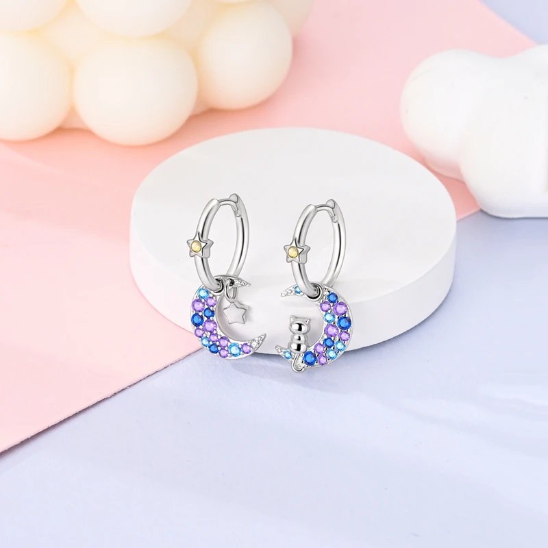 Hoop Earrings 925 Sterling Silver Starry Moon Feather Blue Shiny Zircon Inlaid Drop Earrings Women Fashion Jewelry Gift Hoop Earrings 925 Sterling Silver Starry Moon Feather Blue Shiny Zircon Inlaid Drop Earrings Women Fashion Jewelry Gift