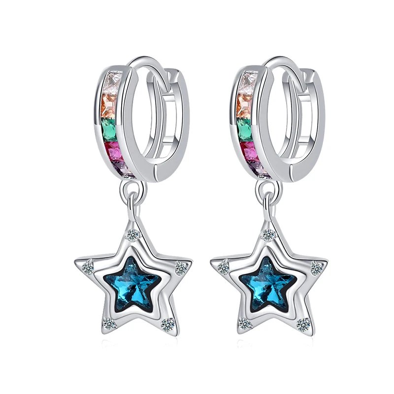 Hoop Earrings 925 Sterling Silver Starry Moon Feather Blue Shiny Zircon Inlaid Drop Earrings Women Fashion Jewelry Gift Hoop Earrings 925 Sterling Silver Starry Moon Feather Blue Shiny Zircon Inlaid Drop Earrings Women Fashion Jewelry Gift