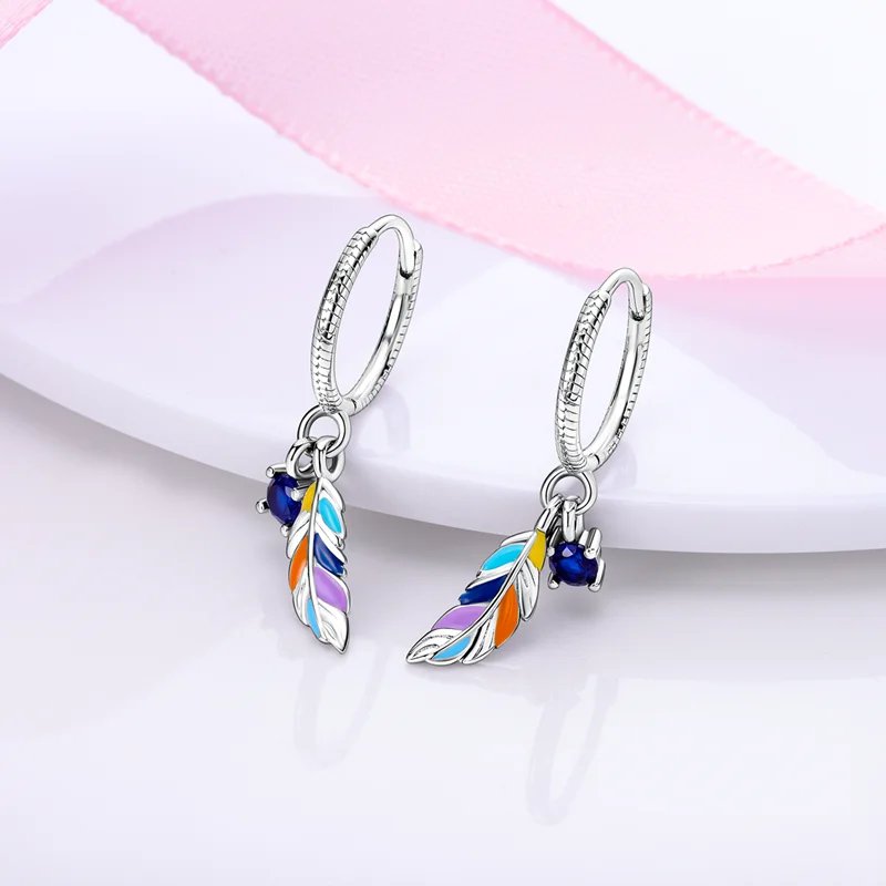 Hoop Earrings 925 Sterling Silver Starry Moon Feather Blue Shiny Zircon Inlaid Drop Earrings Women Fashion Jewelry Gift Hoop Earrings 925 Sterling Silver Starry Moon Feather Blue Shiny Zircon Inlaid Drop Earrings Women Fashion Jewelry Gift