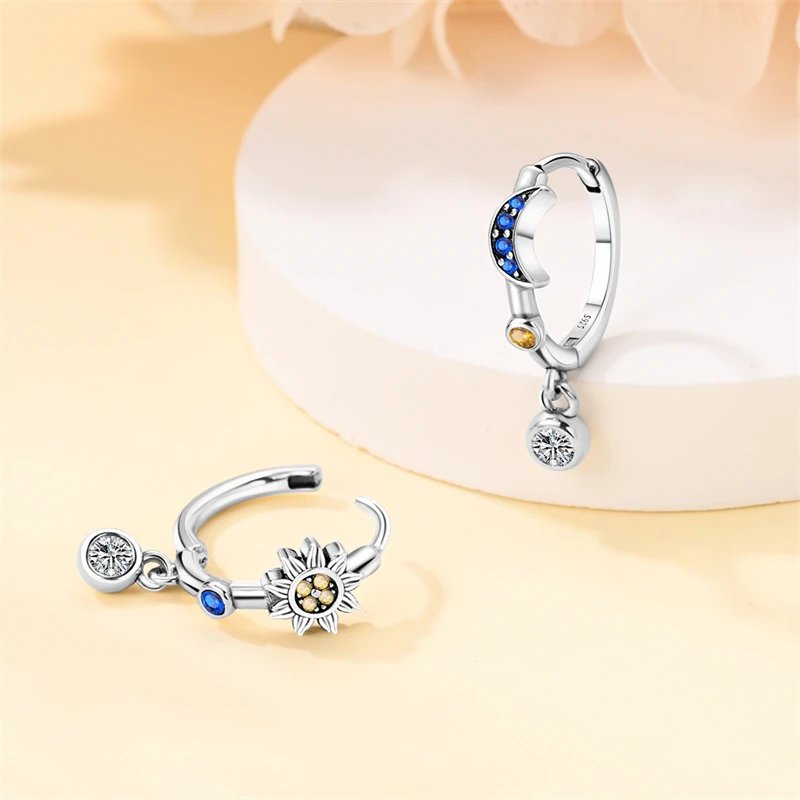Hoop Earrings 925 Sterling Silver Starry Moon Feather Blue Shiny Zircon Inlaid Drop Earrings Women Fashion Jewelry Gift Hoop Earrings 925 Sterling Silver Starry Moon Feather Blue Shiny Zircon Inlaid Drop Earrings Women Fashion Jewelry Gift