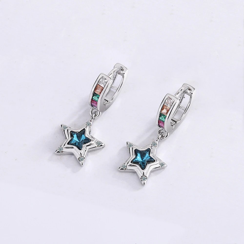 Hoop Earrings 925 Sterling Silver Starry Moon Feather Blue Shiny Zircon Inlaid Drop Earrings Women Fashion Jewelry Gift Hoop Earrings 925 Sterling Silver Starry Moon Feather Blue Shiny Zircon Inlaid Drop Earrings Women Fashion Jewelry Gift
