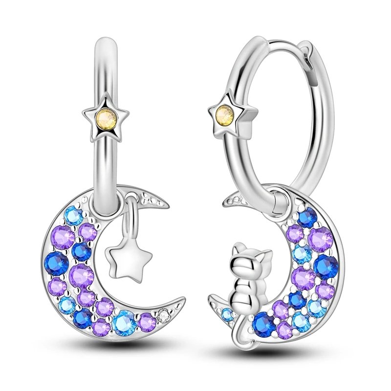 Hoop Earrings 925 Sterling Silver Starry Moon Feather Blue Shiny Zircon Inlaid Drop Earrings Women Fashion Jewelry Gift Hoop Earrings 925 Sterling Silver Starry Moon Feather Blue Shiny Zircon Inlaid Drop Earrings Women Fashion Jewelry Gift