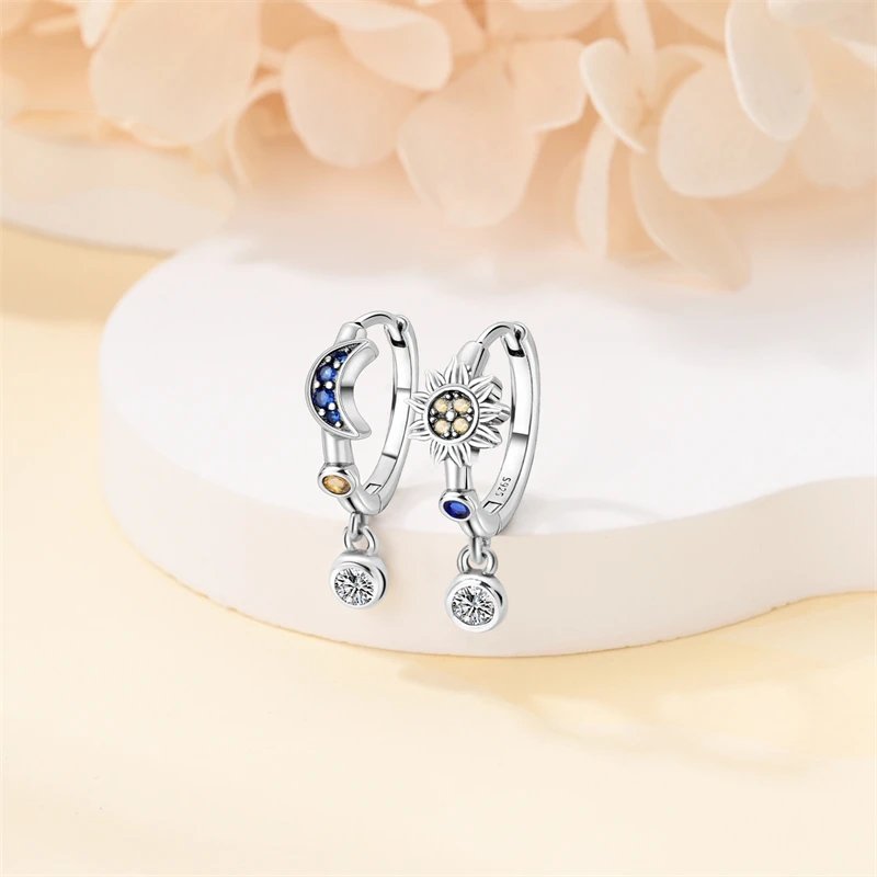 Hoop Earrings 925 Sterling Silver Starry Moon Feather Blue Shiny Zircon Inlaid Drop Earrings Women Fashion Jewelry Gift Hoop Earrings 925 Sterling Silver Starry Moon Feather Blue Shiny Zircon Inlaid Drop Earrings Women Fashion Jewelry Gift