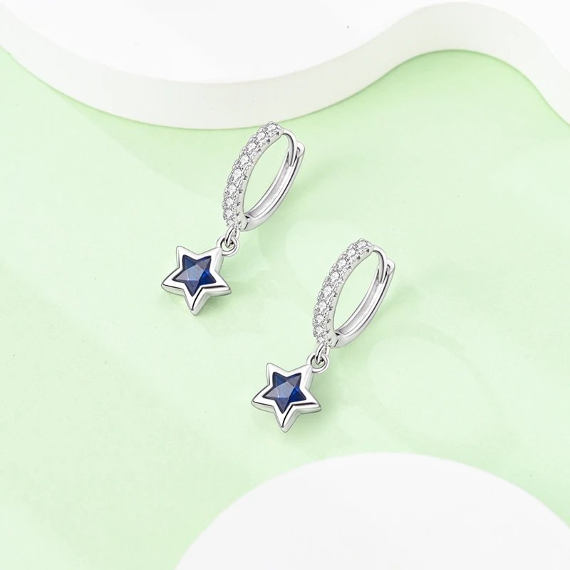 Hoop Earrings 925 Sterling Silver Starry Moon Feather Blue Shiny Zircon Inlaid Drop Earrings Women Fashion Jewelry Gift Hoop Earrings 925 Sterling Silver Starry Moon Feather Blue Shiny Zircon Inlaid Drop Earrings Women Fashion Jewelry Gift