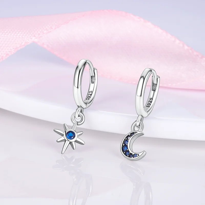 Hoop Earrings 925 Sterling Silver Starry Moon Feather Blue Shiny Zircon Inlaid Drop Earrings Women Fashion Jewelry Gift Hoop Earrings 925 Sterling Silver Starry Moon Feather Blue Shiny Zircon Inlaid Drop Earrings Women Fashion Jewelry Gift