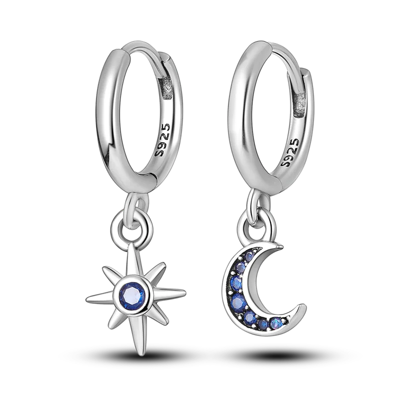 Hoop Earrings 925 Sterling Silver Starry Moon Feather Blue Shiny Zircon Inlaid Drop Earrings Women Fashion Jewelry Gift Hoop Earrings 925 Sterling Silver Starry Moon Feather Blue Shiny Zircon Inlaid Drop Earrings Women Fashion Jewelry Gift