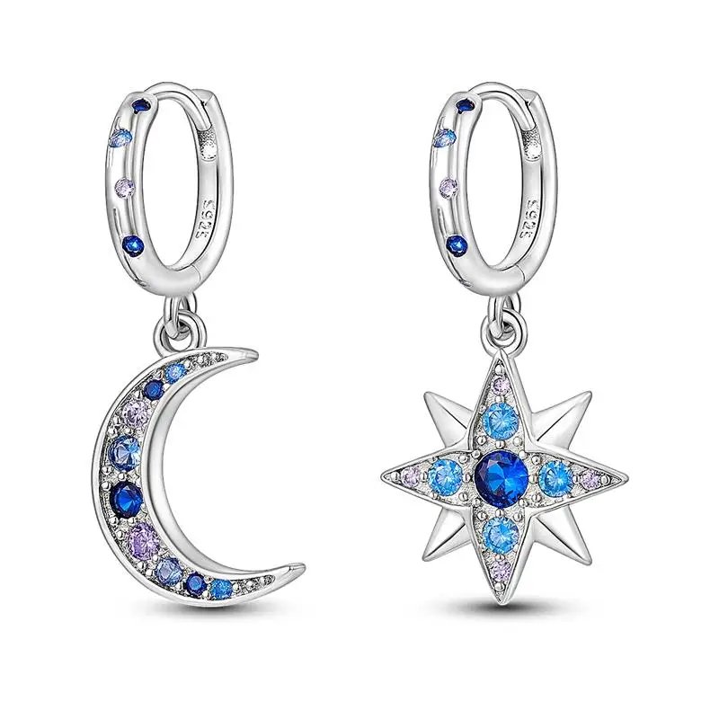 Hoop Earrings 925 Sterling Silver Starry Moon Feather Blue Shiny Zircon Inlaid Drop Earrings Women Fashion Jewelry Gift Hoop Earrings 925 Sterling Silver Starry Moon Feather Blue Shiny Zircon Inlaid Drop Earrings Women Fashion Jewelry Gift