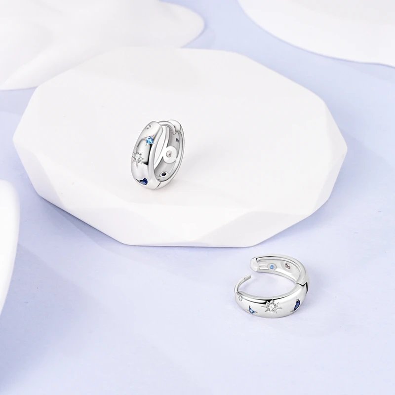 Hoop Earrings 925 Sterling Silver Starry Moon Feather Blue Shiny Zircon Inlaid Drop Earrings Women Fashion Jewelry Gift Hoop Earrings 925 Sterling Silver Starry Moon Feather Blue Shiny Zircon Inlaid Drop Earrings Women Fashion Jewelry Gift