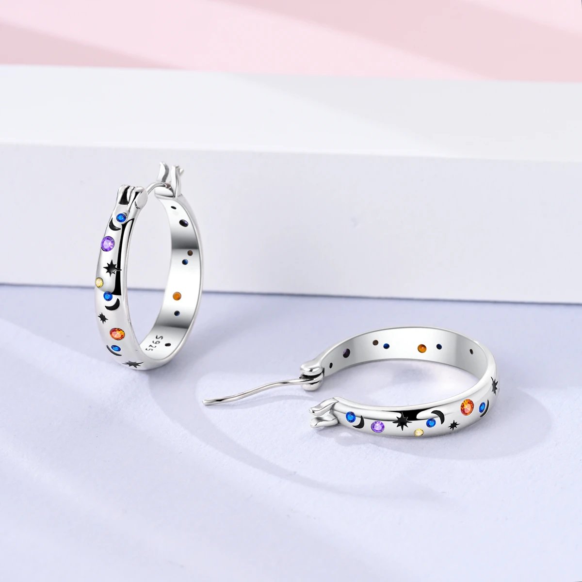 Hoop Earrings 925 Sterling Silver Starry Moon Feather Blue Shiny Zircon Inlaid Drop Earrings Women Fashion Jewelry Gift Hoop Earrings 925 Sterling Silver Starry Moon Feather Blue Shiny Zircon Inlaid Drop Earrings Women Fashion Jewelry Gift