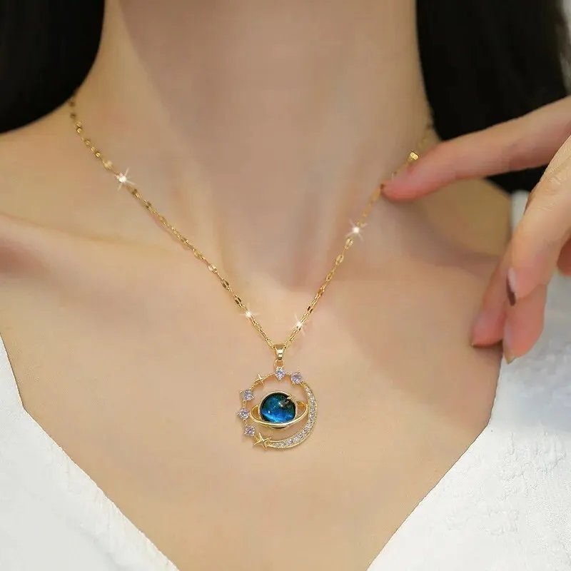 Light Luxury Titanium Steel Star Series Necklace for Women Gold Color Planet Moon Astronaut Pendant Necklaces Jewelry Gifts