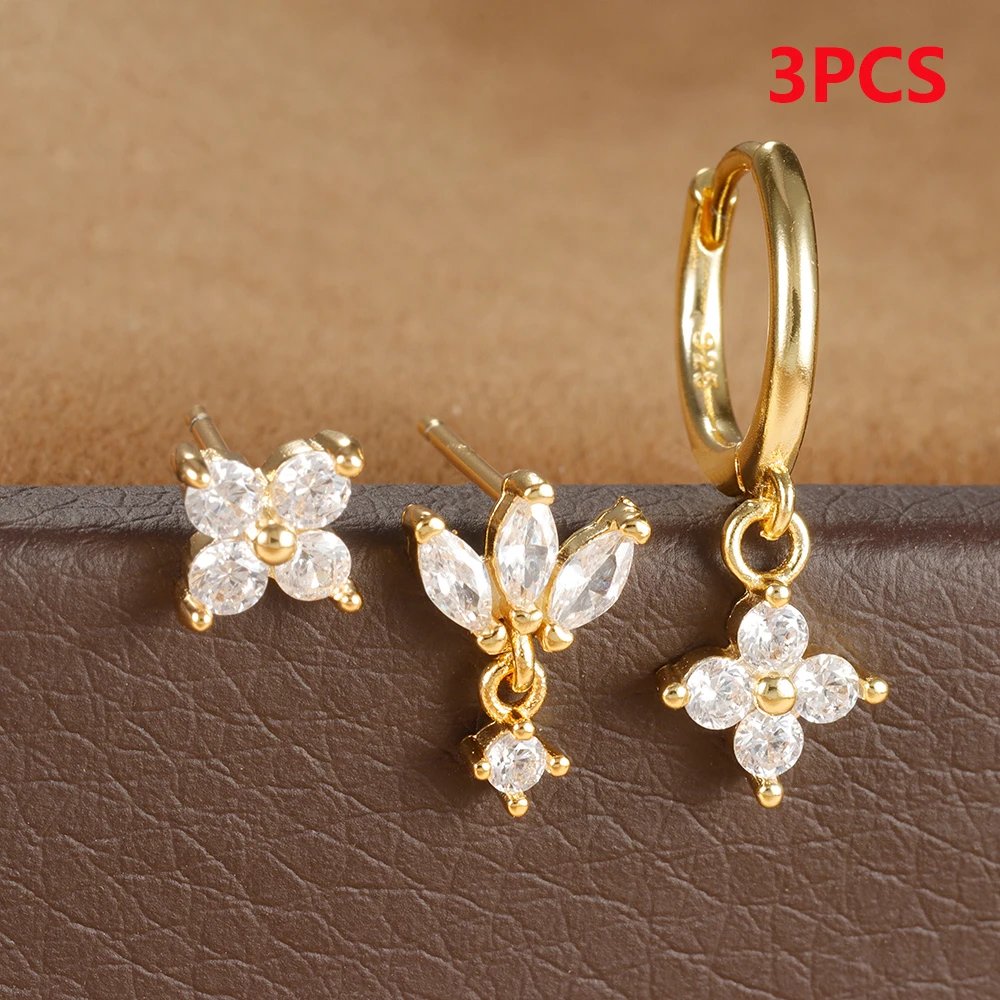 3PCS Stainless Steel Multicolor Crystal Hoop Earrings Set For Women Zircon 18K Gold Plated Huggie Pendant Piercing Jewelry
