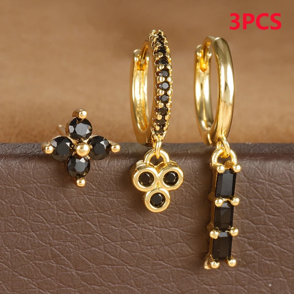 3PCS Stainless Steel Multicolor Crystal Hoop Earrings Set For Women Zircon 18K Gold Plated Huggie Pendant Piercing Jewelry