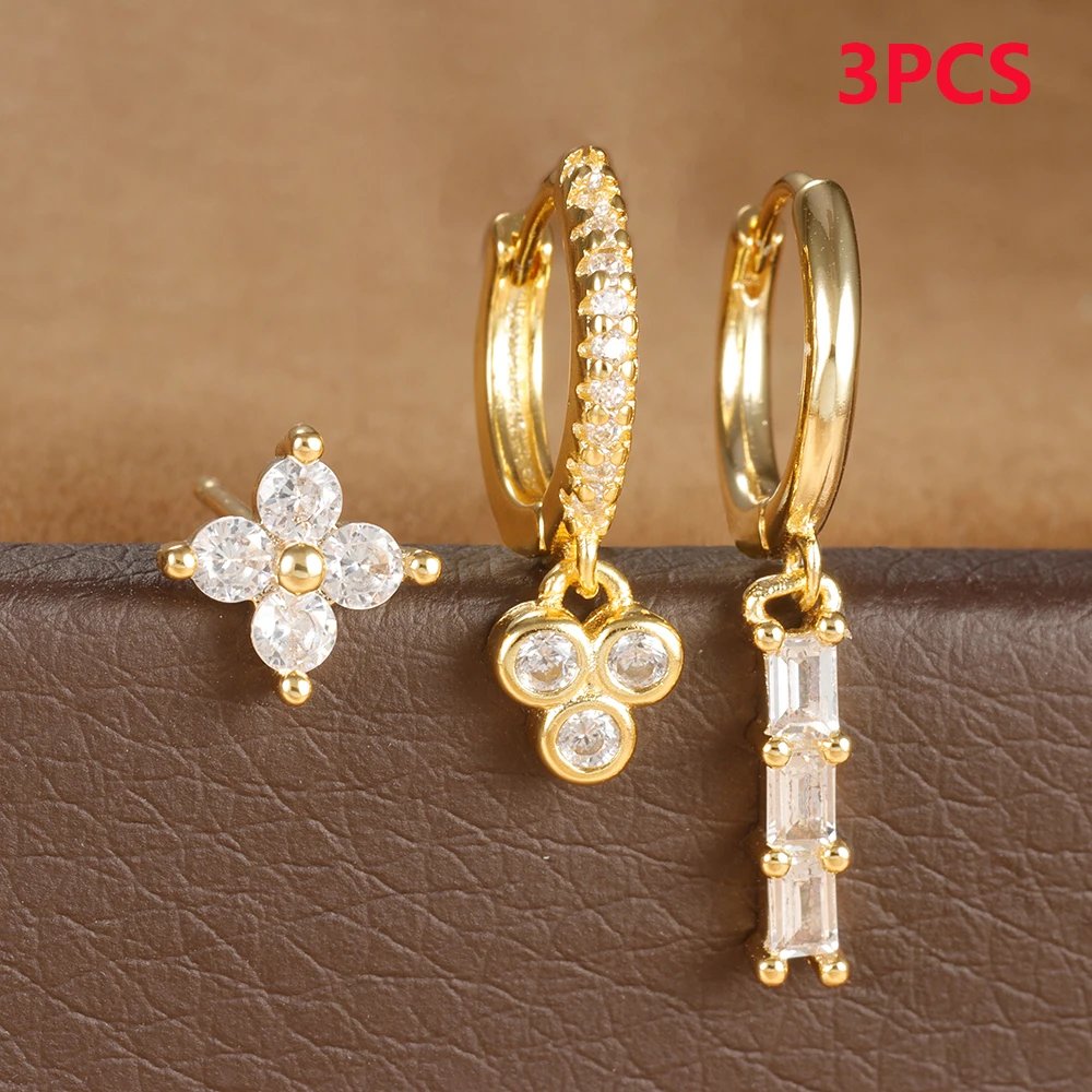 3PCS Stainless Steel Multicolor Crystal Hoop Earrings Set For Women Zircon 18K Gold Plated Huggie Pendant Piercing Jewelry