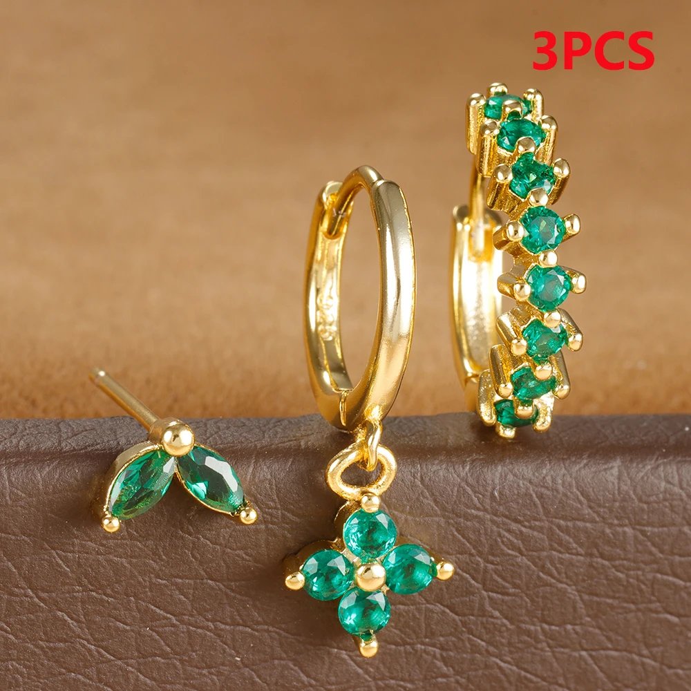 3PCS Stainless Steel Multicolor Crystal Hoop Earrings Set For Women Zircon 18K Gold Plated Huggie Pendant Piercing Jewelry