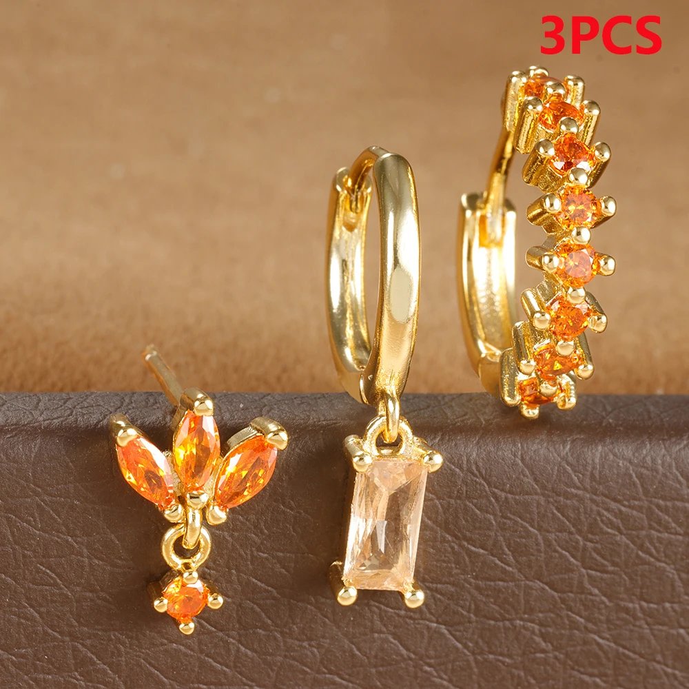 3PCS Stainless Steel Multicolor Crystal Hoop Earrings Set For Women Zircon 18K Gold Plated Huggie Pendant Piercing Jewelry