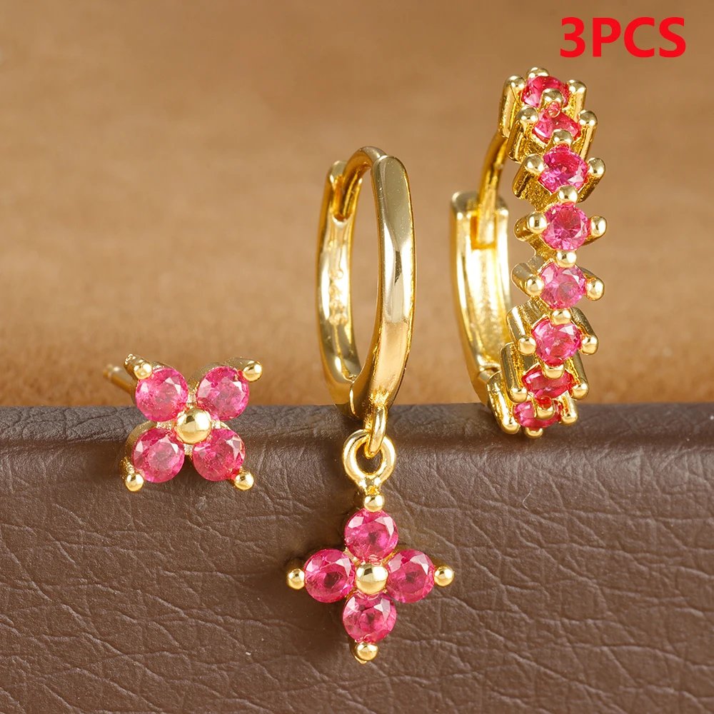 3PCS Stainless Steel Multicolor Crystal Hoop Earrings Set For Women Zircon 18K Gold Plated Huggie Pendant Piercing Jewelry