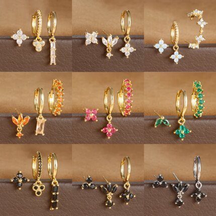 Stainless Steel Multicolor Crystal Hoop Earrings Set For Women Zircon 18K Gold Plated Huggie Pendant Piercing Jewelry