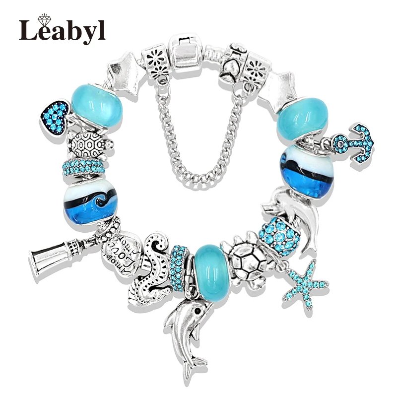 Classic Design Dolphin Charm Bracelets & Bangles for Women Jewelry Gift Blue Murano Crystal Glass Diy Bead Bracelets Classic Design Dolphin Charm Bracelets & Bangles for Women Jewelry Gift Blue Murano Crystal Glass Diy Bead Bracelets