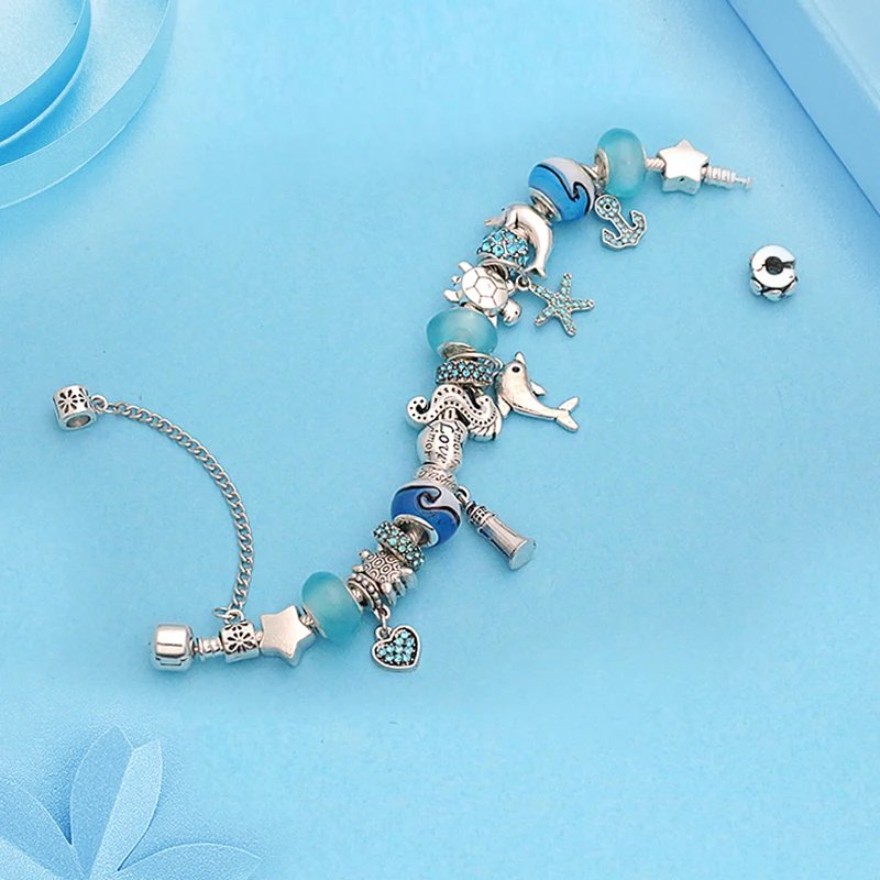 Classic Design Dolphin Charm Bracelets & Bangles for Women Jewelry Gift Blue Murano Crystal Glass Diy Bead Bracelets Classic Design Dolphin Charm Bracelets & Bangles for Women Jewelry Gift Blue Murano Crystal Glass Diy Bead Bracelets