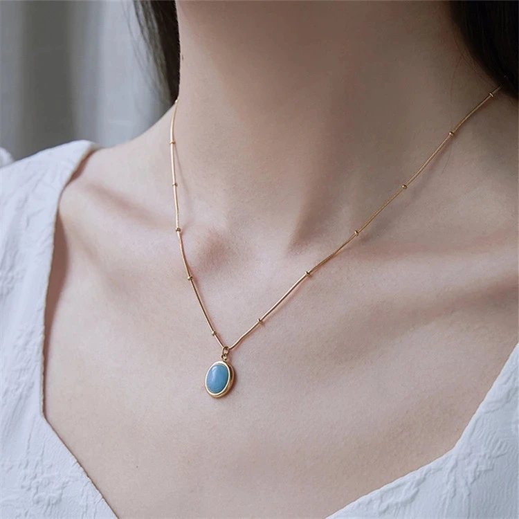 HangZhi 2021 New Korean Vintage Water Drop Star Round Bear Oval Pendant Necklace Geometric Gold Color Titanium Steel Jewelry