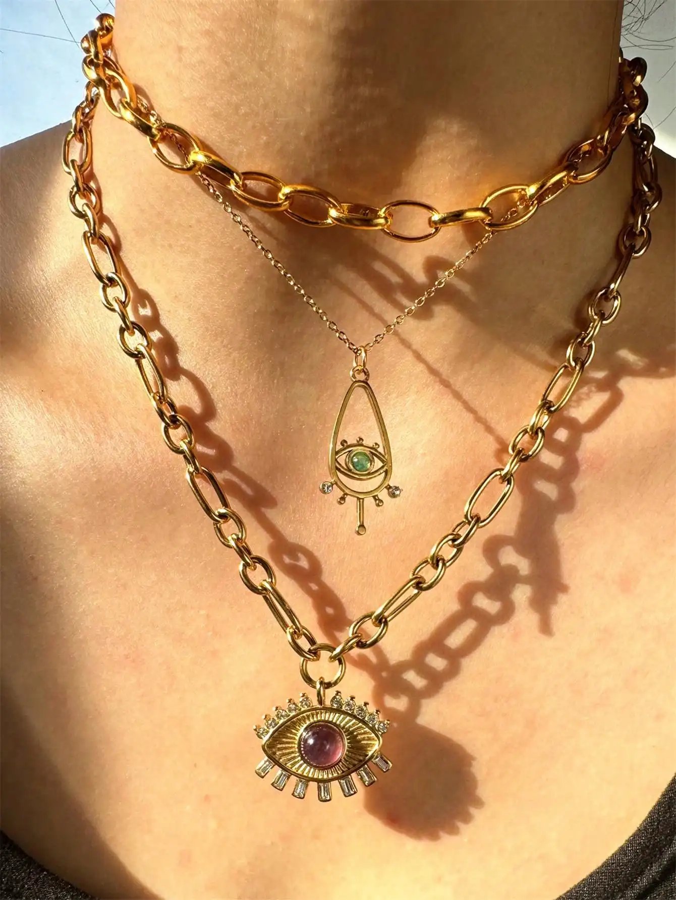 HangZhi 2021 New Korean Vintage Water Drop Star Round Bear Oval Pendant Necklace Geometric Gold Color Titanium Steel Jewelry