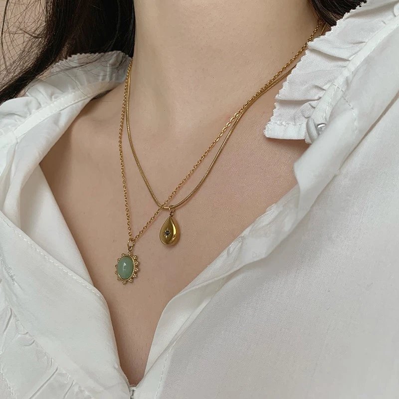 HangZhi 2021 New Korean Vintage Water Drop Star Round Bear Oval Pendant Necklace Geometric Gold Color Titanium Steel Jewelry