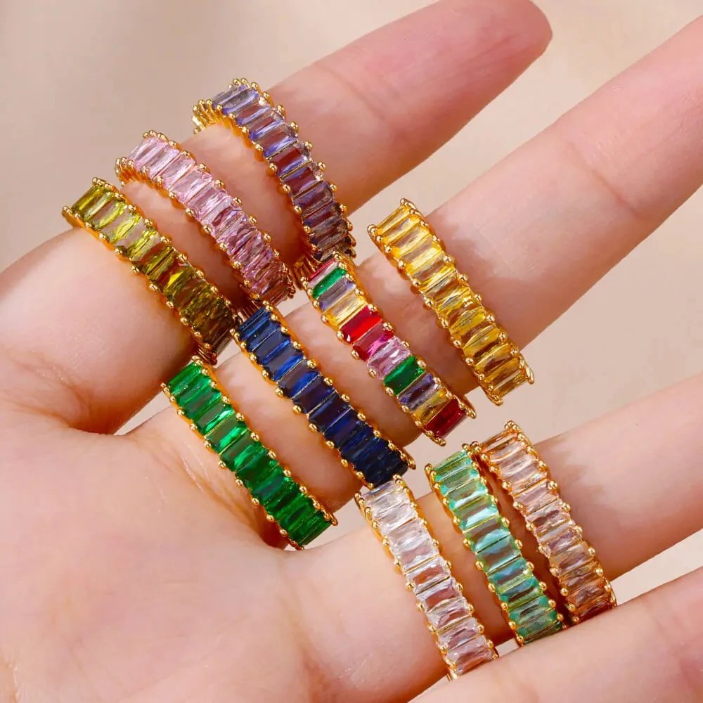 Colorful Cubic Zircon Ring for Women Stainless Steel Gold Color Open Ring Vintage Boho Wedding Party Jewelry Gift Accessories