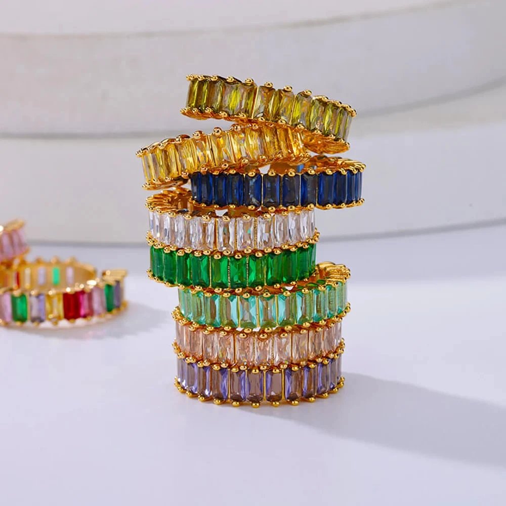 Colorful Cubic Zircon Ring for Women Stainless Steel Gold Color Open Ring Vintage Boho Wedding Party Jewelry Gift Accessories