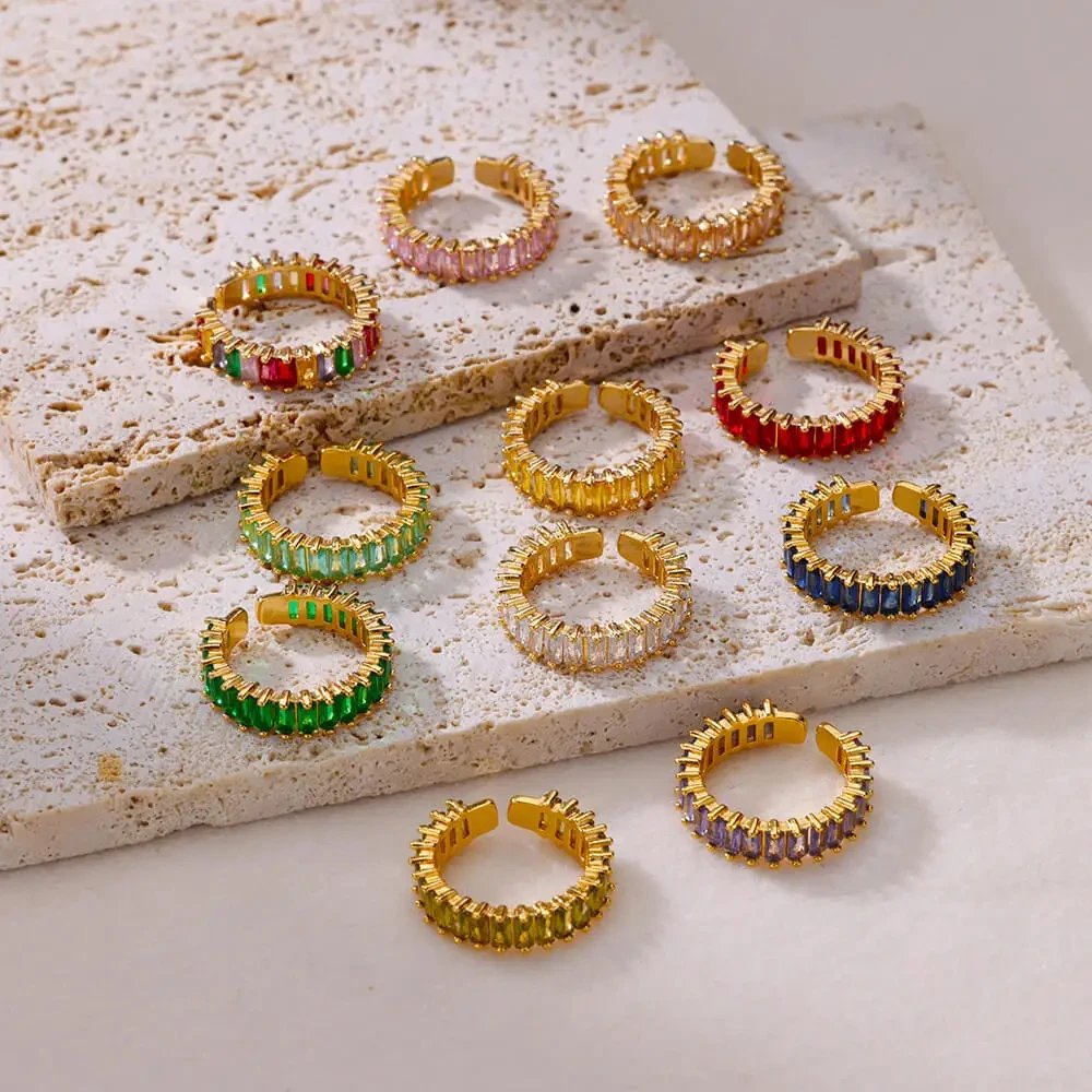 Colorful Cubic Zircon Ring for Women Stainless Steel Gold Color Open Ring Vintage Boho Wedding Party Jewelry Gift Accessories