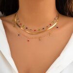 Multi Layered Color Crystal Chain Choker Necklace for Women Vintage Flat Snake Chain Clavicle Short Necklace