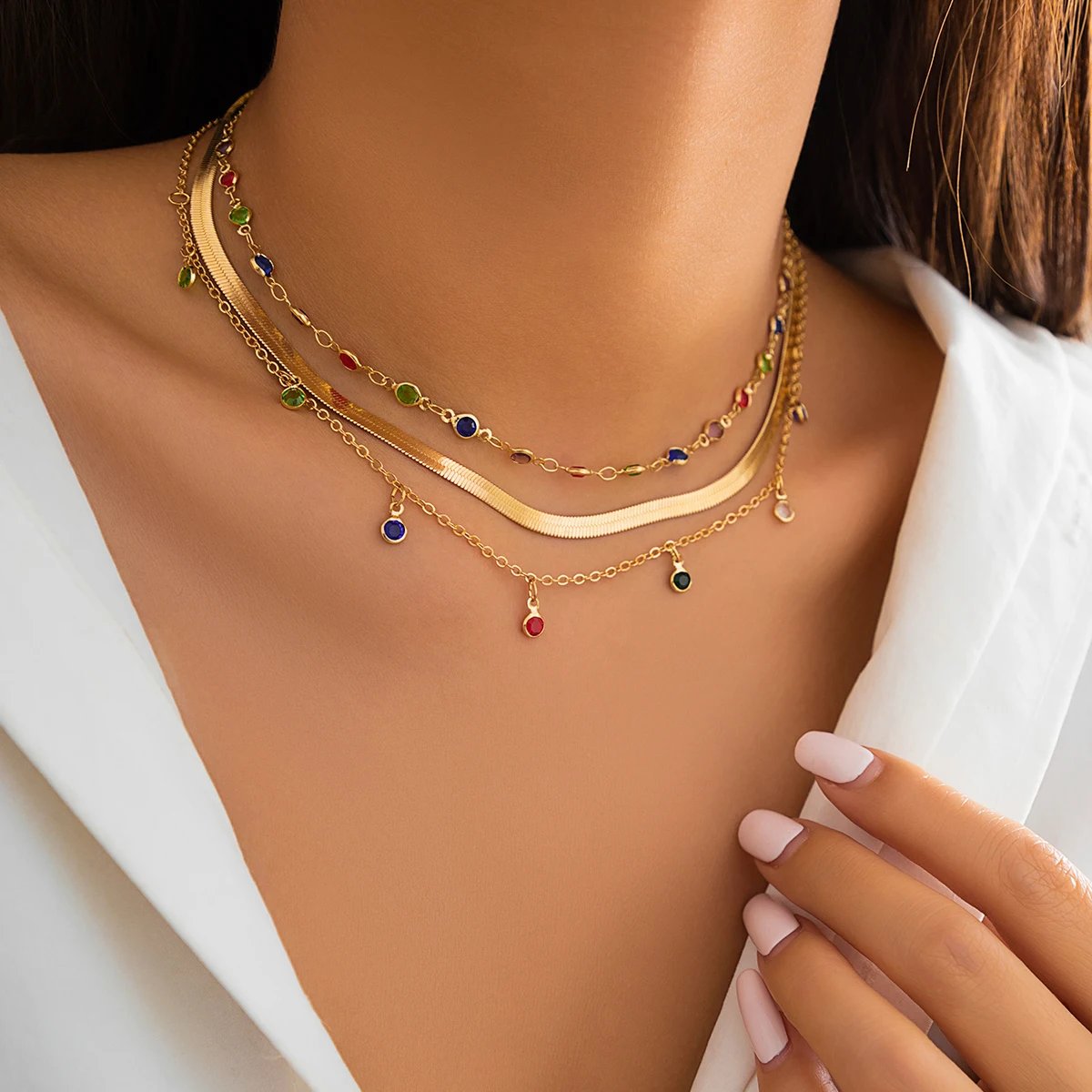 IngeSight.Z Boho Multi Layered Color Crystal Chain Choker Necklace for Women Vintage Flat Snake Chain Clavicle Short Necklace