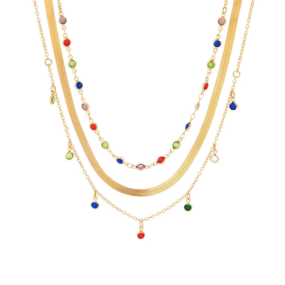 IngeSight.Z Boho Multi Layered Color Crystal Chain Choker Necklace for Women Vintage Flat Snake Chain Clavicle Short Necklace