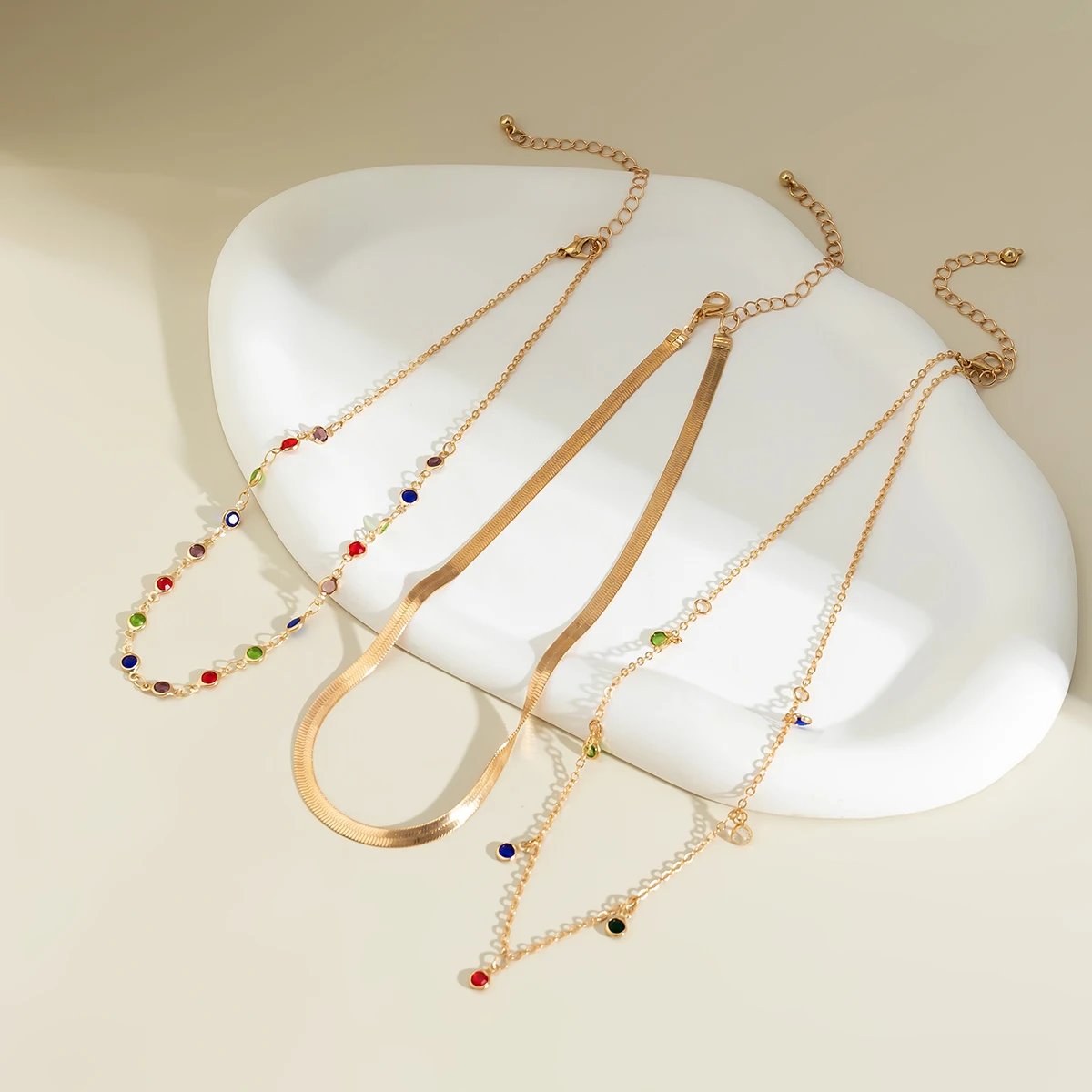 IngeSight.Z Boho Multi Layered Color Crystal Chain Choker Necklace for Women Vintage Flat Snake Chain Clavicle Short Necklace