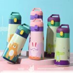 Kids Stainless Steel Straw Thermos Mug with Case Cartoon Leak-Proof Vacuum Flask Children Thermal Water Bottle