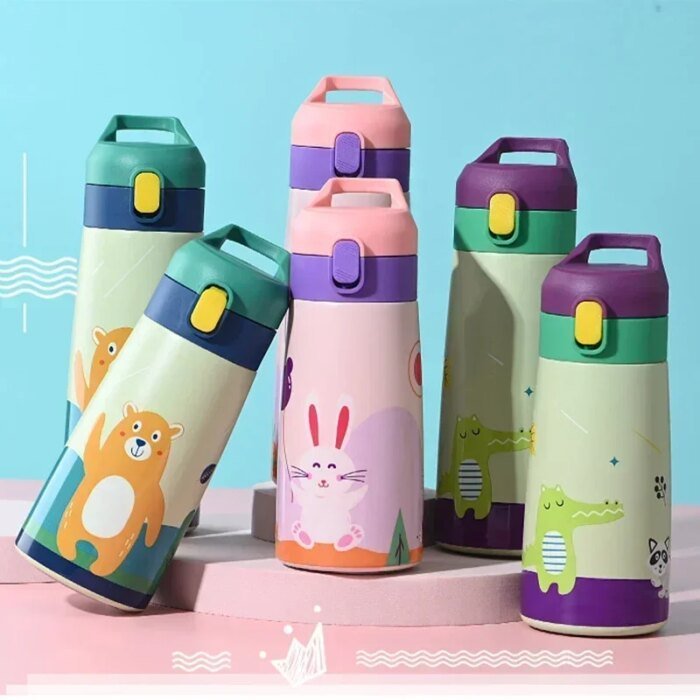 Kids Stainless Steel Straw Thermos Mug with Case Cartoon Leak-Proof Vacuum Flask Children Thermal Water Bottle - Image 1