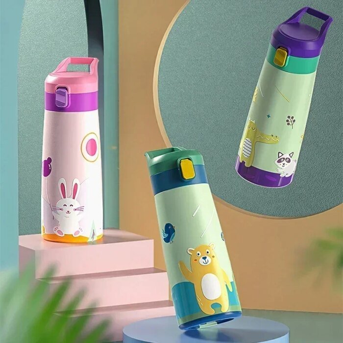 Kids Stainless Steel Straw Thermos Mug with Case Cartoon Leak-Proof Vacuum Flask Children Thermal Water Bottle - Image 2
