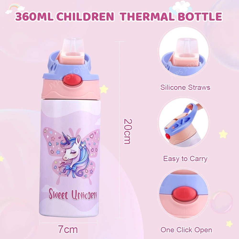 360ML Kids Thermos Bottle Stainless Steel Thermos Mug Leak-Proof Vacuum Flasks Children Unicorn Thermal Water Bottle For School