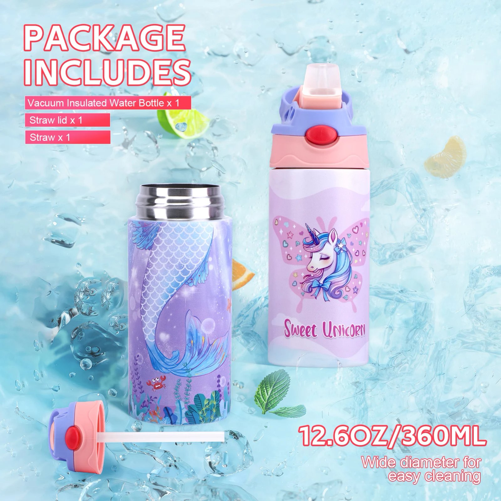 360ML Kids Thermos Bottle Stainless Steel Thermos Mug Leak-Proof Vacuum Flasks Children Unicorn Thermal Water Bottle For School