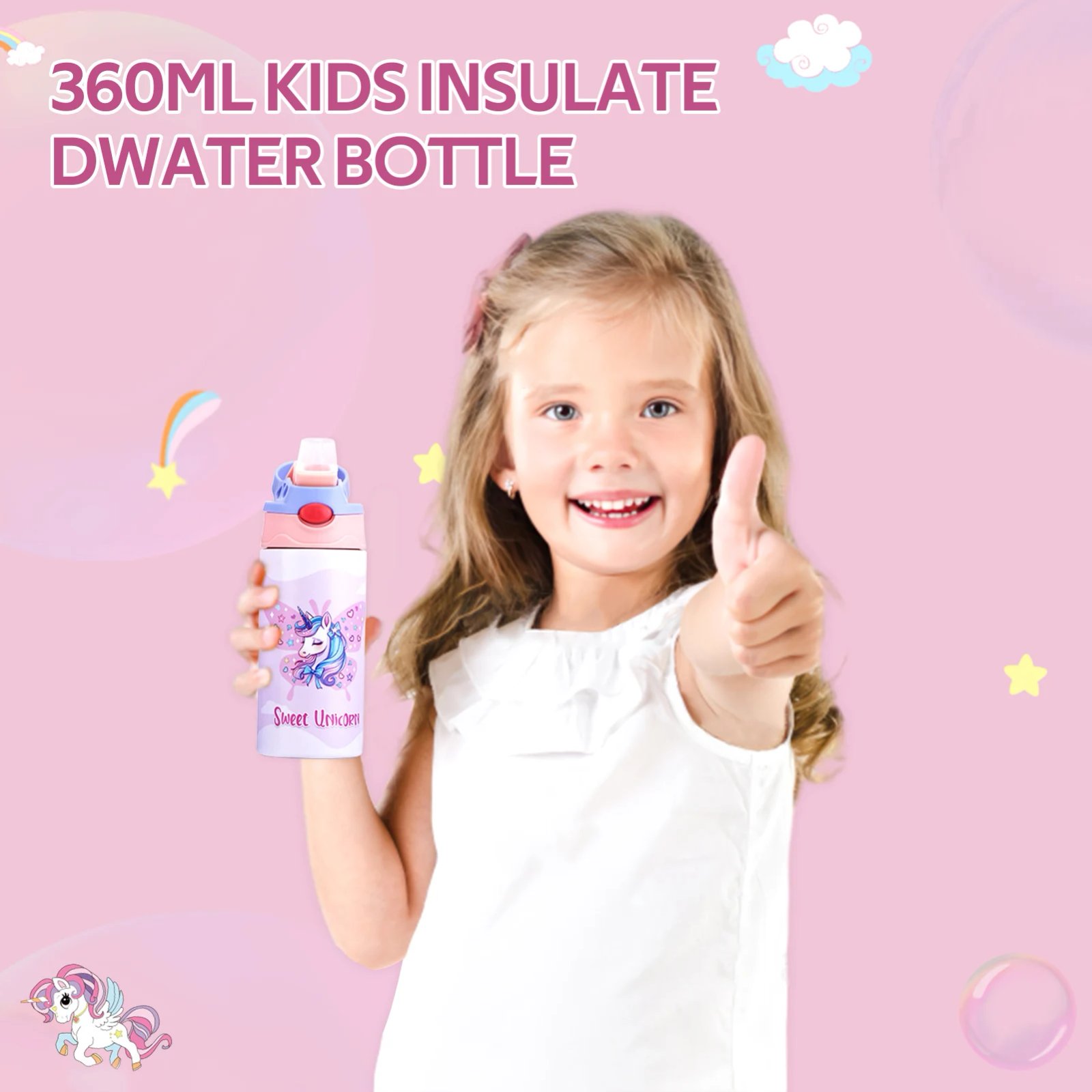 360ML Kids Thermos Bottle Stainless Steel Thermos Mug Leak-Proof Vacuum Flasks Children Unicorn Thermal Water Bottle For School